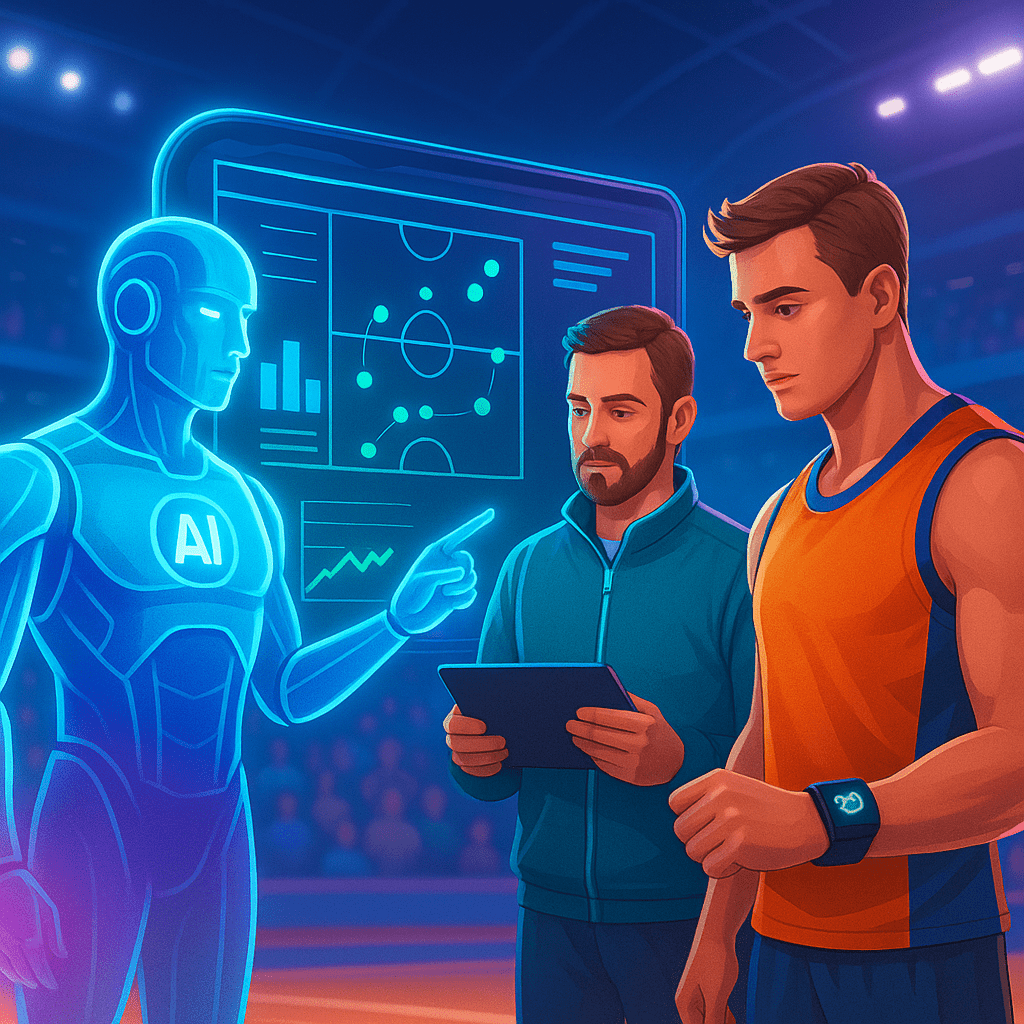Futuristic AI hologram assisting a coach and athlete in a sports stadium