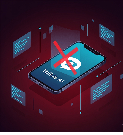 An illustration showing the Talkie AI app being removed from a digital app store.
